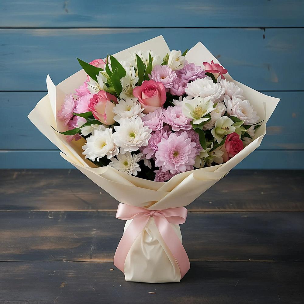 Букет цветов из: Хризантемы, Альстромерии и Розы в Константиновском